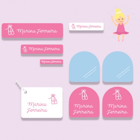 Kit de etiquetas personalizada adesivas e termocolantes para identificar collants, tutus, sapatilhas com o nome da  bailarina